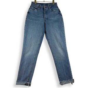 Women's High Rise Curvy Straight Leg Jeans Medium Wash Raw Hem Size 6 Tall 29"